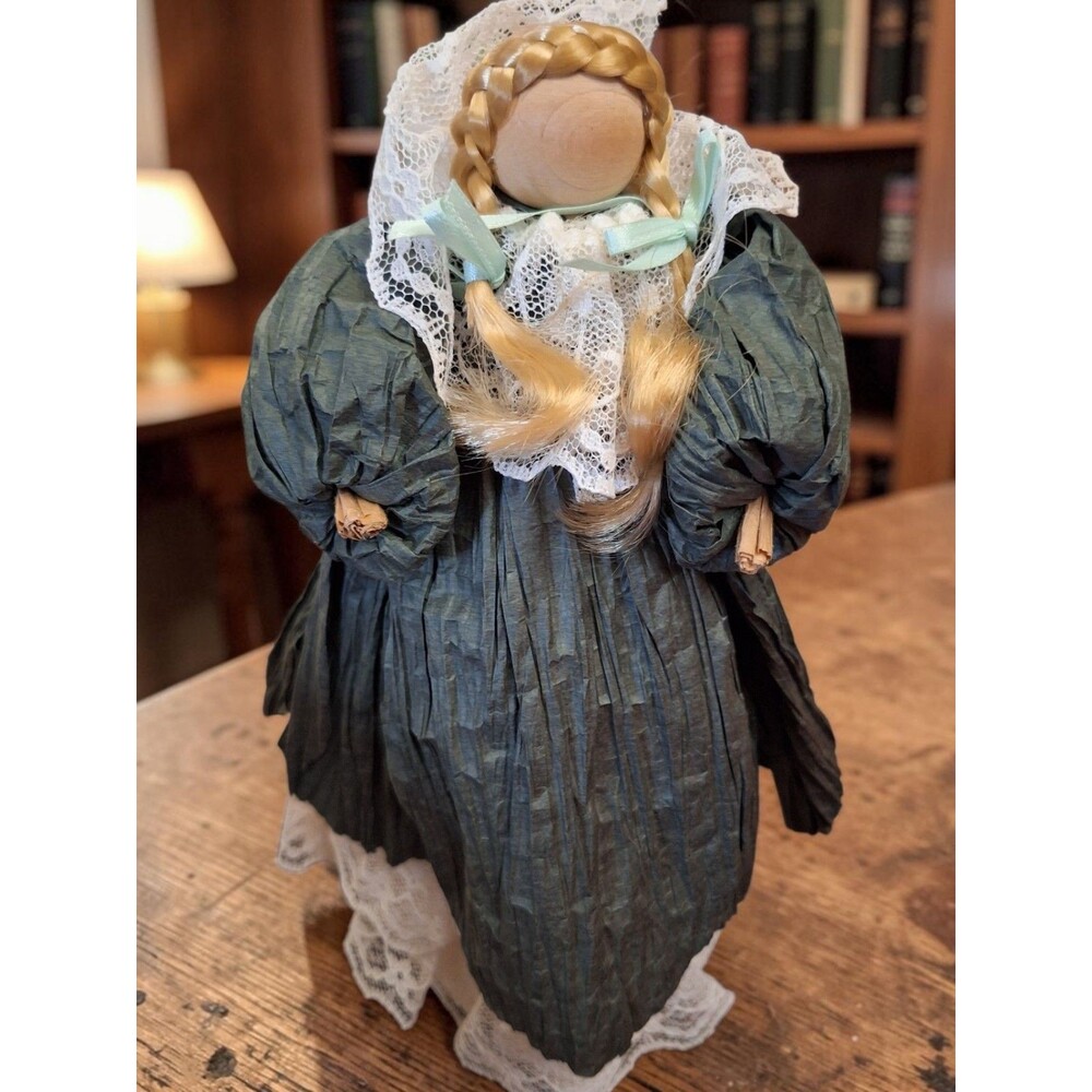 Country Farmhouse Decor Corn Husk Doll with Braided Hair Lace Dress Rustic